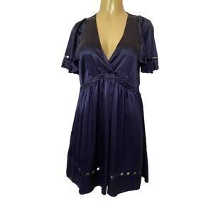 See By Chloe Silk Dress Satin Blue Navy V Neck Short Flutter Sleeve Eyel…
